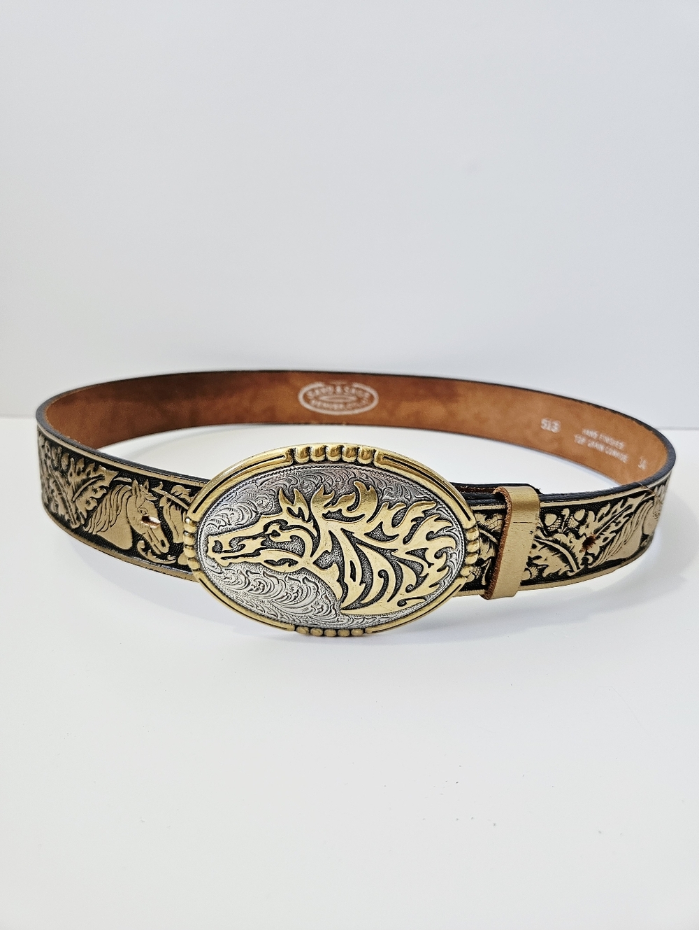 Vintage Crumrine Engraved Horse Buckle + Sand & Sage Tooled Leather Belt Western